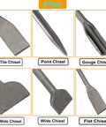 6 Piece SDS Plus Chisel Set for Hammer Drills with tile, point, gouge, and wide chisels for concrete, brick, stone work