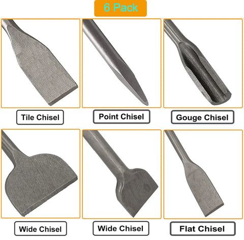 6 Piece SDS Plus Chisel Set for Hammer Drills with tile, point, gouge, and wide chisels for concrete, brick, stone work