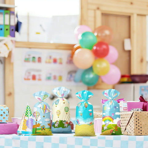 Colorful Hot Air Balloon Party Favor Bags With Ties Rainbow Cartoon Bus Theme Clear Cellophane Candy Snack Bags