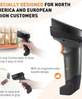 2D Wireless Barcode Scanner With 1.8 Inch Display held in hand, showcasing ergonomic design, suitable for scanning barcodes from paper or screen