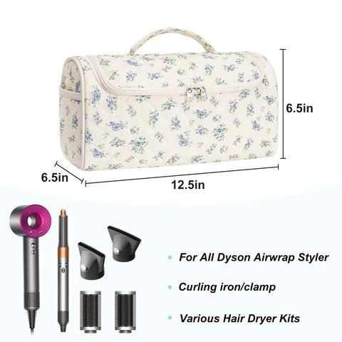 Quilted Hair Tools Travel Bag With Hanging Hook, white floral portable organizer for Dyson Airwrap, 12.5x6.5x6.5 inches