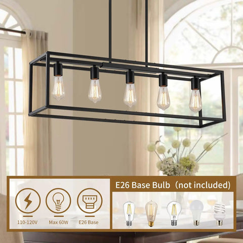 Top Shelf Black Five Light Linear Chandelier Featuring A Killer Geometric Metal Frame And Adjustable Hanging Rods For Down To Earth Farmhouse Kitchen Islands And Dining Spaces, with E26 bulb sockets.