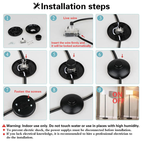 Installation steps for Floor Lamp Foot Switch Inline Pedal Switch For No Fuss Easy Control Round Black Push Button On Off Spring Loaded Step On Step Off Pedal Power Switch Replacement Part For Floor Lamps And Extension Cords UL Listed Safety.