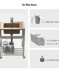 Ace Portable Sink With Electronic Faucet Self Contained Wash Station Packing Dual Water Tanks And Adjustable Height No Plumbing Needed No Sweat Cleaning Easy Setup For Rv Garage components in box including electric faucet and water tanks.