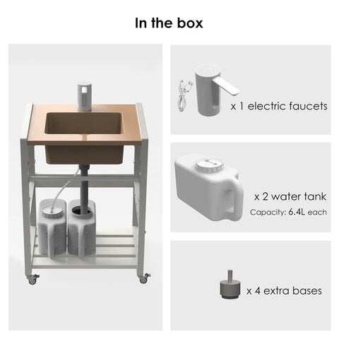 Ace Portable Sink With Electronic Faucet Self Contained Wash Station Packing Dual Water Tanks And Adjustable Height No Plumbing Needed No Sweat Cleaning Easy Setup For Rv Garage components in box including electric faucet and water tanks.