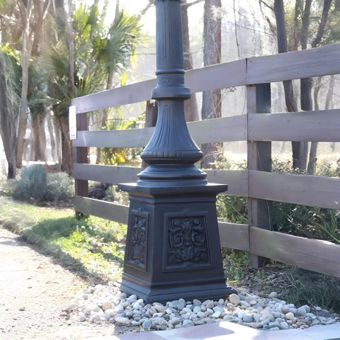 Base of 9.5 Ft Five Arm Victorian Outdoor Post Light in Black Finish, showing detailed design and easy access panel.