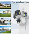 4-Lens Wireless IP Camera 20MP Quad-Split View Boasts Badass Clarity To Your Fortress With 12X Optical Zoom mounted on wall with four views.