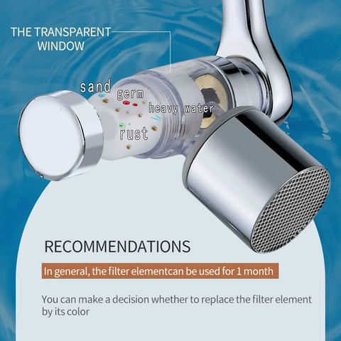 1080 Degree Rotating Faucet Extender With Copper Body And Four Layer Filter showing transparent filter and contaminants