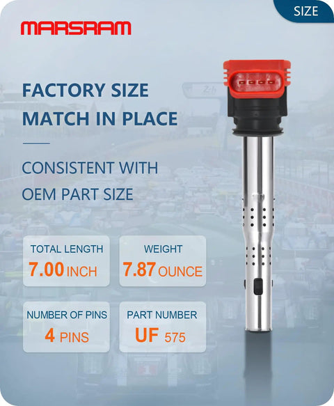 Ignition Coil Pack UF575 Replacement showing factory size, 7-inch length, 7.87-ounce weight, 4 pins for VW Audi models