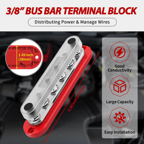 Beefy Marine Grade 300 Amp 12V Bus Bar With 3 Eighth Inch Studs Power Distribution Block With Cover For Boat Battery Wiring Positive And Negative Terminals Automotive And Solar Use Pack Of 2; 3/8 inch terminal block