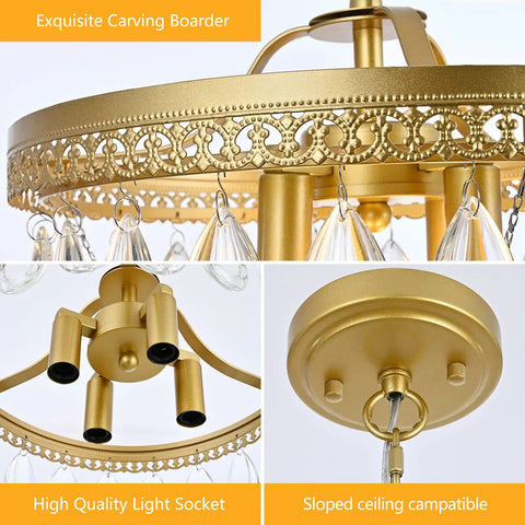 Close-up details of gold frame and sockets on Crystal Chandelier For Dining Room Modern Vintage Gold Pendant Light Fixture