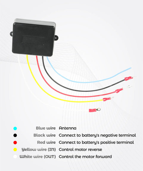 5 Wire Winch Controller With Dual Transmitters: Wireless Tow Winch Remote System For Most Trucks, ATVs, And SUVs, Weather Resistant ABS Housing, No Fuss One Hand Operation, Heavy Duty Winch Accessory. wiring box with color-coded leads
