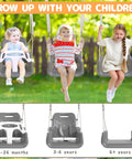 3 In 1 Toddler Swing Set For Backyard And Indoor Use, Kid Friendly Swing That Grows With Your Little One From 6 Months To 10 Years, Outdoor Indoor Swing With Detachable Modes, Sturdy Black Frame shown with children of different ages.