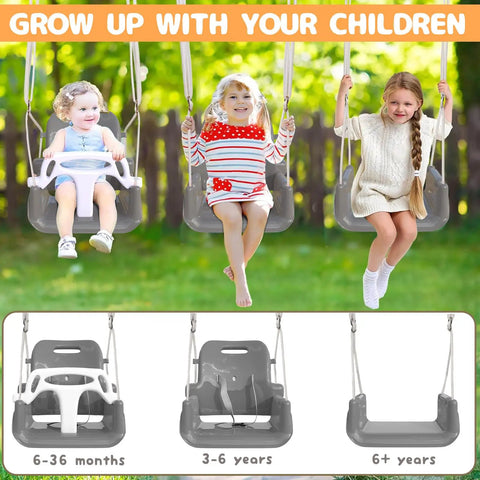 3 In 1 Toddler Swing Set For Backyard And Indoor Use, Kid Friendly Swing That Grows With Your Little One From 6 Months To 10 Years, Outdoor Indoor Swing With Detachable Modes, Sturdy Black Frame shown with children of different ages.