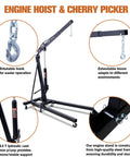 Rock Solid 2 Ton Folding Engine Hoist Cherry Picker Shop Crane Built For Hardcore Garage Swaps Featuring Hella Beefy Steel Frame And 4000 Lb Capacity with rotatable hook and extendable boom.