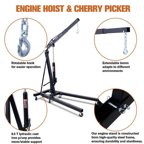 Rock Solid 2 Ton Folding Engine Hoist Cherry Picker Shop Crane Built For Hardcore Garage Swaps Featuring Hella Beefy Steel Frame And 4000 Lb Capacity with rotatable hook and extendable boom.