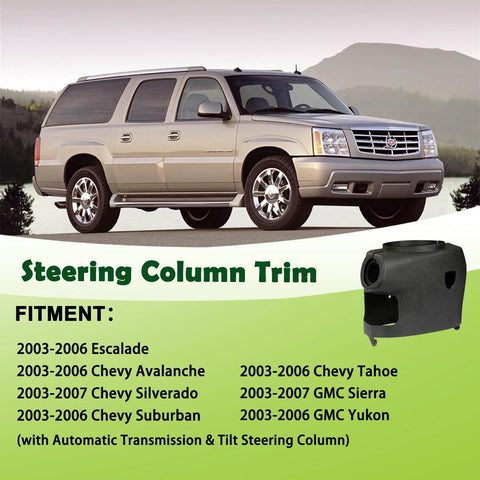 Steering column trim kit in black plastic for 2003–2007 Chevy Tahoe/Suburban and GMC Yukon/Sierra; upper and lower
