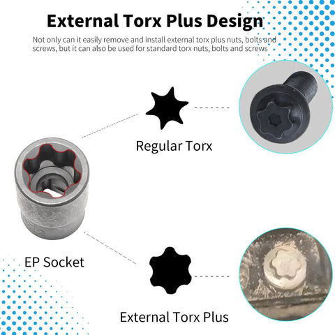 Diagram showing External Torx Plus Socket Set EP4 to EP32 with regular Torx and EP socket design.