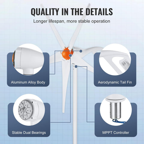 500W Wind Turbine Kit With MPPT Controller And 5 Blade Power Generator, 12V System showing aluminum body and tail fin details