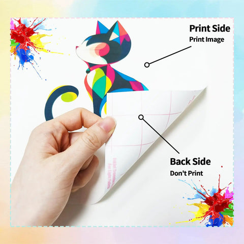 Hand holding dark fabric heat transfer paper showing print side and back side with colorful cat design for inkjet and laser printers.