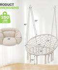 Hanging Hammock Chair With Cozy Full Cushion For Indoor Outdoor Relaxation, white macrame swing, size details, 350 lbs