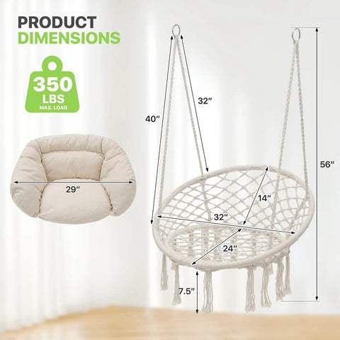 Hanging Hammock Chair With Cozy Full Cushion For Indoor Outdoor Relaxation, white macrame swing, size details, 350 lbs