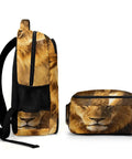 Side view of Wild King Lion Printed Unisex Backpack Large Capacity for Everyday Use Durable Polyester Daypack with lion face design.