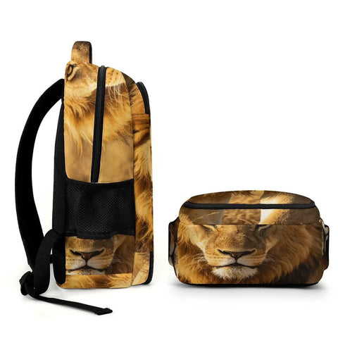 Side view of Wild King Lion Printed Unisex Backpack Large Capacity for Everyday Use Durable Polyester Daypack with lion face design.