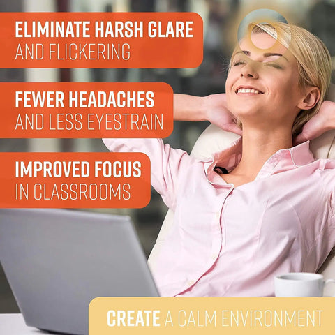 Woman relaxing at desk, highlighting benefits of Magnetic Fluorescent Light Covers For Classrooms And Offices Five Pack Warm White Filters.