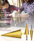 Metric Step Drill Bit Set HSS Cone Bits, 3-Piece, shown in use for wood drilling, includes measurements and hex shank detail.