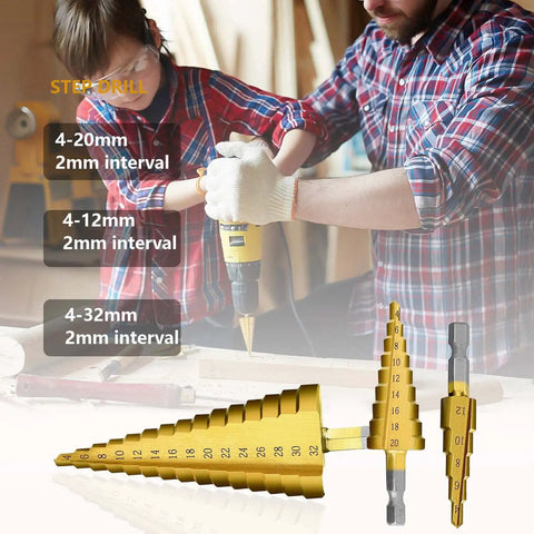 Metric Step Drill Bit Set HSS Cone Bits, 3-Piece, shown in use for wood drilling, includes measurements and hex shank detail.