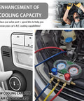 Seventeen Piece Car Air Conditioning Valve Core Tool Kit Portable Set With Cores, Ports, And Caps For R134A And R12 Systems, Easy Grip Valve Stem Core Tools To Boost Cooling Capacity shown in use with car A/C gauges.