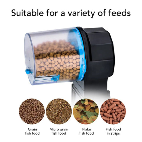 Hassle-Free Automatic Fish Feeder, Smart Battery Operated Aquarium Food Dispenser With Custom Timers holding various fish feeds.