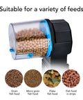 Straight Up Automatic Fish Feeder And Aquarium Food Dispenser That Keeps Your Tank Stocked With No Sweat Battery Powered Pet Gear For Travel And Crazy Busy Weekends, showing food hopper filled with various fish feeds.