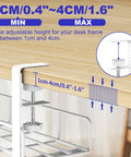 Adjustable clamp mount of 15.7 Inch Under Desk Cable Management Tray No Drill Clamp Mount Heavy Duty Steel Wire Organizer For Standing Desks White Finish Adjustable Metal Under Desk Tray 1 Pack showing height range from 1cm to 4cm.