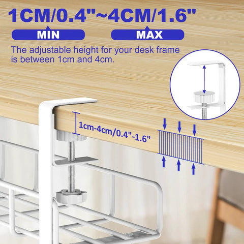 Adjustable clamp mount of 15.7 Inch Under Desk Cable Management Tray No Drill Clamp Mount Heavy Duty Steel Wire Organizer For Standing Desks White Finish Adjustable Metal Under Desk Tray 1 Pack showing height range from 1cm to 4cm.