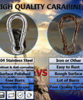 Comparison of 304 stainless steel and iron carabiners, highlighting corrosion resistance and quality differences