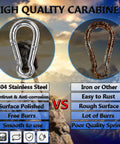 Spring snap hooks: side-by-side view of left polished 304 stainless steel clip and right rusted iron clip.