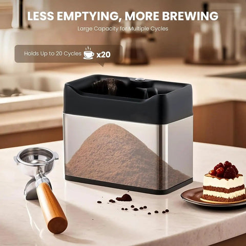 Elite Electric Portafilter Cleaner For Coffee Grounds Shakes Pucks Loose In A Flash With Dual Spin Brushes Plus The Matched Knock Box Included No Sweat with coffee grounds and portafilter on a kitchen countertop.
