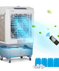Heavy Duty 13.2 Gallon Evaporative Air Cooler And Portable Swamp Fan With Remote 4100 CFM Airflow showcasing remote and ice packs.
