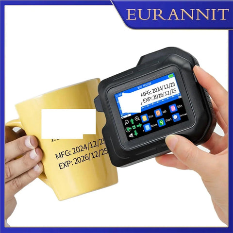 Snazzy 0.5 Inch Portable Mini Touchscreen Inkjet Printer For Quik QR Barcode And Expiration Date Labels in use on a coffee mug.