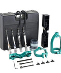 DIY Friendly Bench Drill Locator Set For Woodworking Mortiser Square Hole Drill Guide Kit with chisels and bits displayed