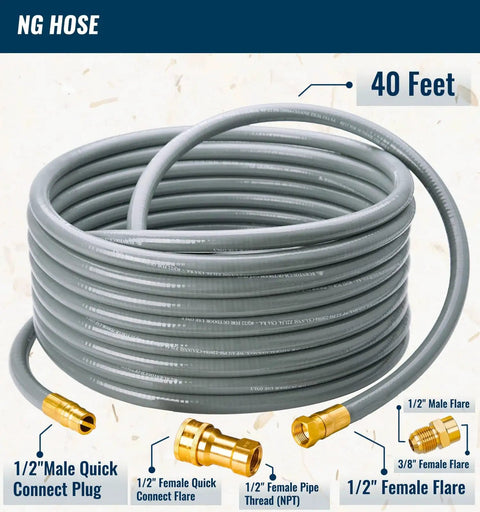 Forty Feet One Half Inch ID Natural Gas Grill Hose With Quick Connect Fittings Low Pressure Gas Line Coiled with Brass Fittings
