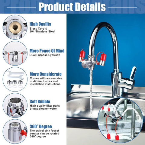 Faucet Mounted Eye Wash Kit With Emergency Continuous Flow Eyewash Station in stainless steel on a sink