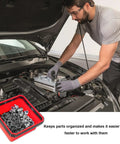 Mechanic using Collapsible Magnetic Parts Tray With Dual Sided Magnetic Base 4.5 Inch Square Metal Organizer in car repair