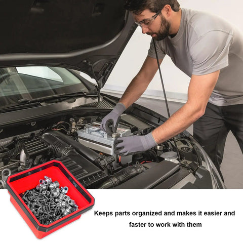 Mechanic using Collapsible Magnetic Parts Tray With Dual Sided Magnetic Base 4.5 Inch Square Metal Organizer in car repair