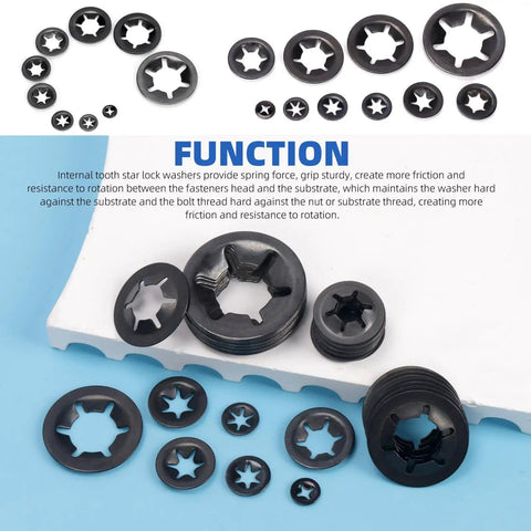 65Mn Steel Internal Tooth Star Lock Washers Set, 351 Piece Assortment For M2 To M12, multiple sizes displayed on white surface