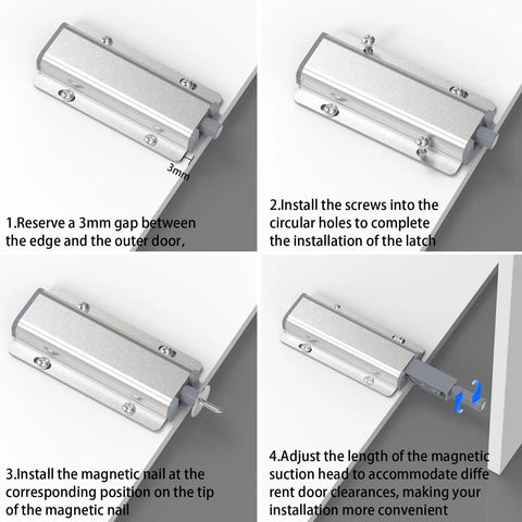 Installation steps for Push To Open Cabinet Latch Set 12 Pack Magnetic Touch Latches for hidden doors, showing step-by-step guide.