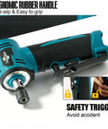 Tough As Nails 12V Cordless Right Angle Die Grinder Kit with ergonomic rubber handle for comfort and safety features.