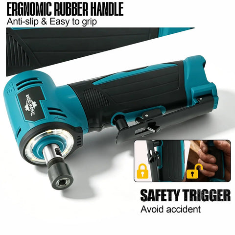 Tough As Nails 12V Cordless Right Angle Die Grinder Kit with ergonomic rubber handle for comfort and safety features.